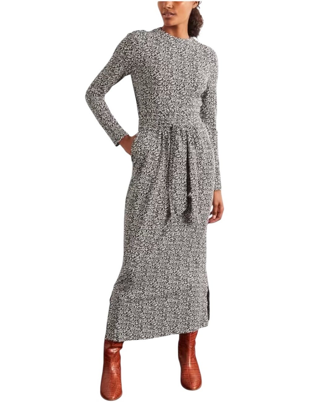 Boden Cara Midi Print Dress Women's 16/18 US Black White Cotton Modal